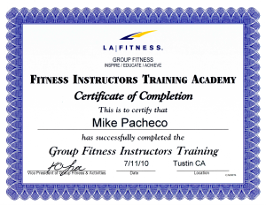 LA Fitness Instructors Training Academy Certificate Of Completion